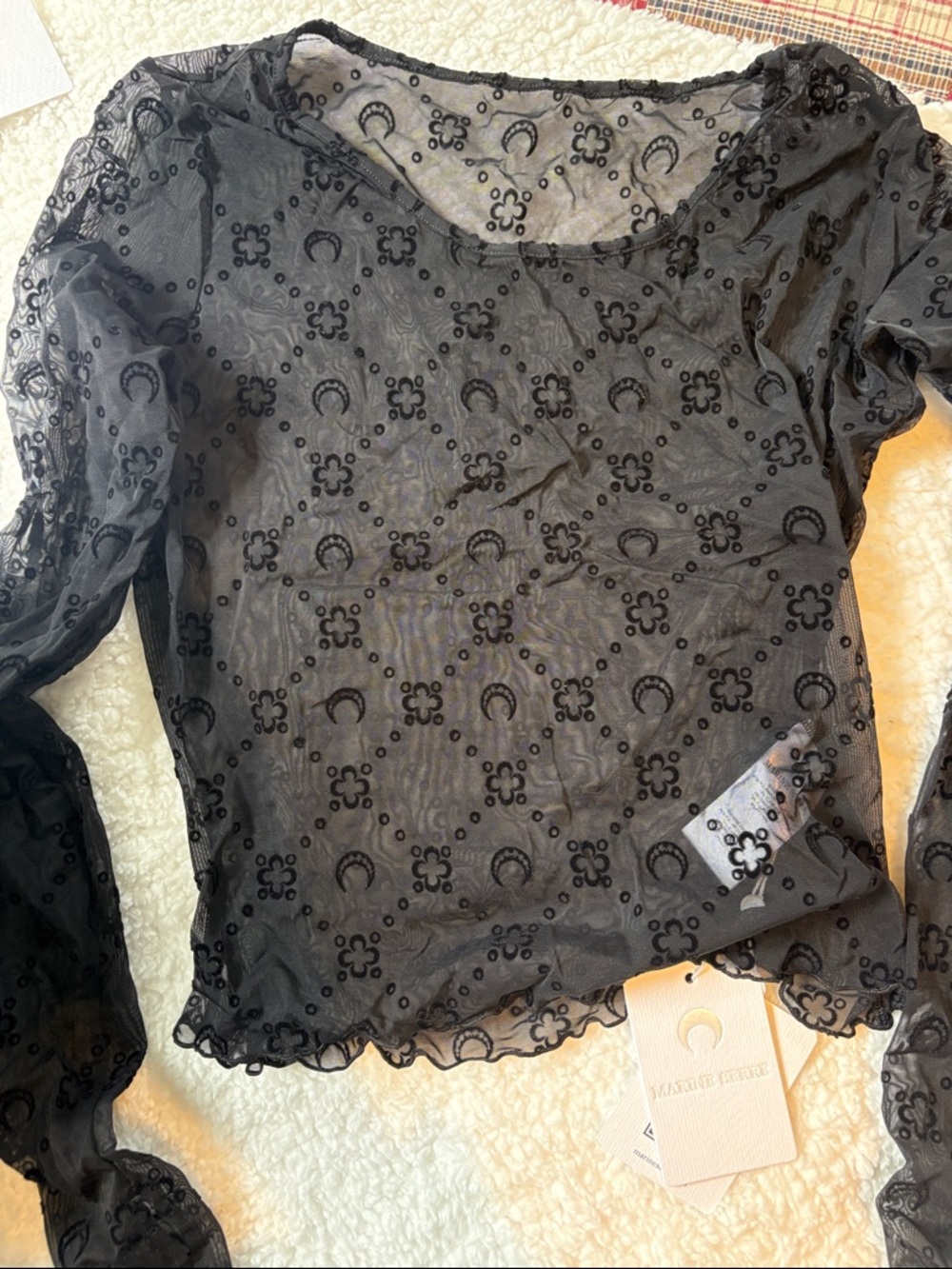 Marine Serre Black Sheer Moon & Floral Embroidered Long Sleeve Top
